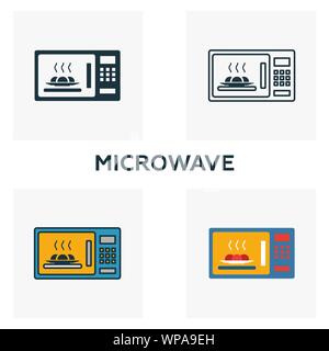 Microwave icon set. Four elements in diferent styles from household icons collection. Creative microwave icons filled, outline, colored and flat Stock Vector