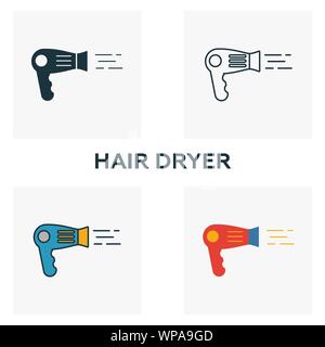 Hair Dryer icon set. Four elements in diferent styles from household icons collection. Creative hair dryer icons filled, outline, colored and flat Stock Vector