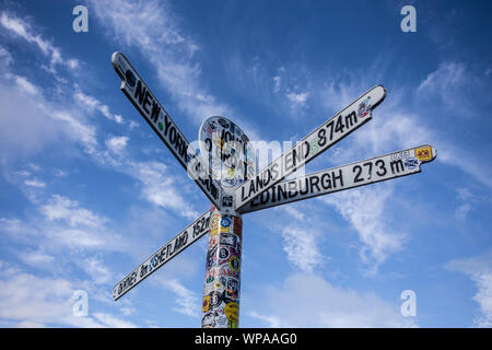 The milepost sign at John O Groats in Scotland