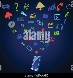variety many use of smart phone tablet apps and function in silhouette flat color icon,vector illustration Stock Vector