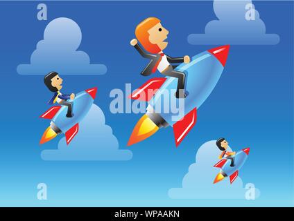 Business man and team ride rocket to lead his business and organization to be success,winner,vector illustration Stock Vector