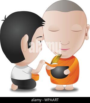 monk Alms-round or receive in the morning with a man on isolated white background. the principle practice of Buddha monk, vector illustration Stock Vector