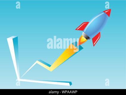 blue and red rocket fly over the chart graph means business and relations grow very much and fast,vector illustration Stock Vector