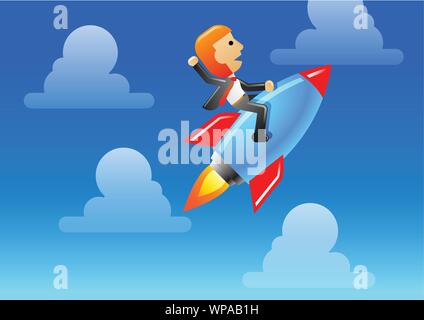 Business man ride rocket to lead his business and organization to be success,winner,vector illustration Stock Vector