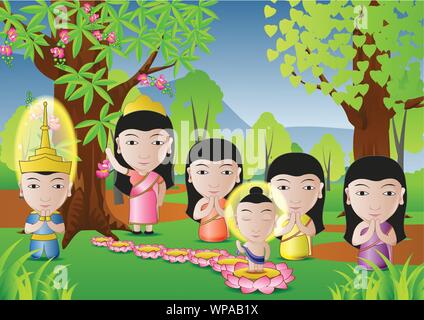 lord of Buddha was born under tree in cartoon version,used well for important days of Buddhism vector illustration Stock Vector