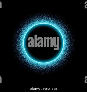 Neon circular shape of sound wave form. Neon circle with dots and waves. Light effect on black background. Vector illustration. Stock Vector
