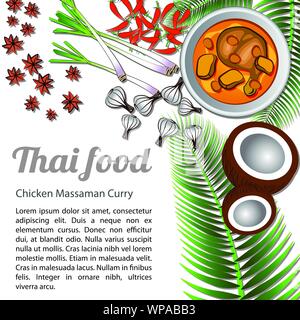 Thai delicious and famous food Chicken Curry or massaman with isolated white background ingredient,vector illustration Stock Vector