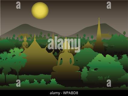 temple pagoda image of Buddha sculpture sea,Myanmar,Thailand,vector illustration,at night Stock Vector