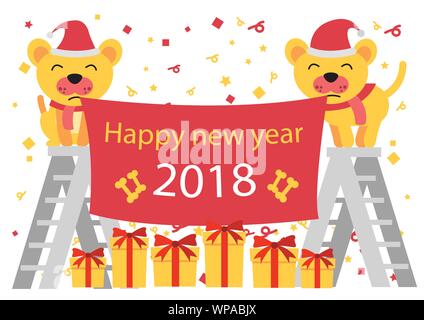dog santa claus stand on ladder of present their new year label happily while gift below,show time of celebration,big head and flat style,vector illus Stock Vector