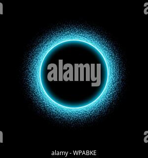 Neon circular shape of sound wave form. Neon circle with dots and waves. Light effect on black background. Vector illustration. Stock Vector