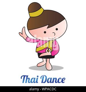 thai bubble head girl is dancing,in cartoon design and thai dress,vector illustration Stock Vector