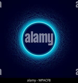 Neon circle with dots light effect on black background. Audio equalizer. Sound impulse visualization. Vector illustration. Stock Vector