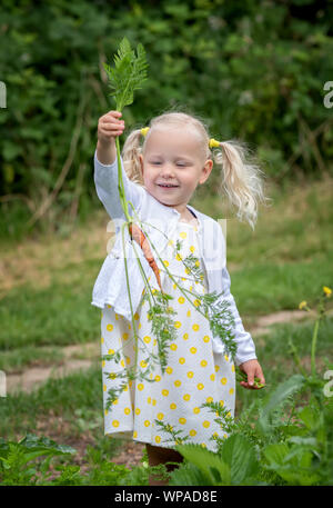 The little girl harvests carrots and eats carrots in the garden Stock Photo