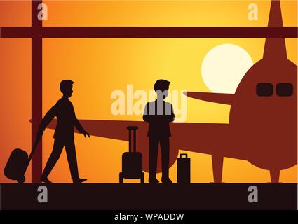 business man wait for plane to get on to establish business contact on sunset time,silhouette style Stock Vector