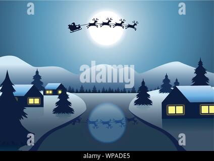 Santa Claus and reindeer fly over the village near river around with hill Christmas tree on night to send gift to everyone,vector illustration Stock Vector