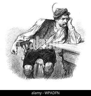 caricature of young man in Bavarian traditional costume sitting with sad expression at the table smoking his tobacco pipe, maybe broken heart? Stock Photo