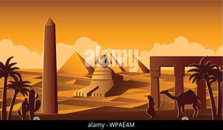 Sphinx and Pyramid famous landmark of Egypt,cartoon version,vector illustration Stock Vector