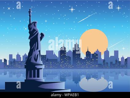 Liberty Statue famous landmark of America at night full moon star.tower background.silhouette style Stock Vector