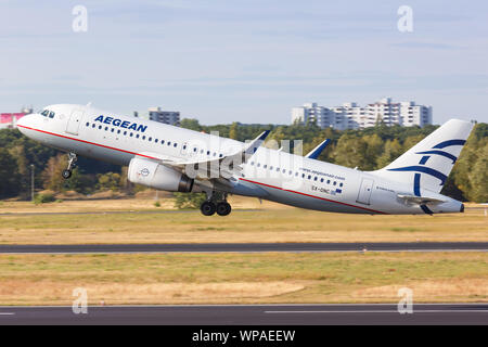 Berlin, Germany – September 11, 2018: Aegean Airlines Airbus A320 airplane at Berlin Tegel airport (TXL) in Germany. Stock Photo