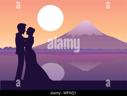 couple stand near river and fuji mount behind,silhouette style Stock Vector