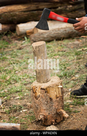 Man choping wood in the forest Stock Photo