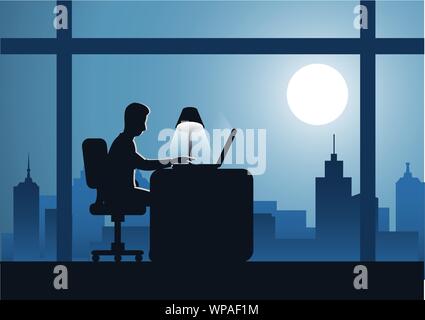 business man work overtime hard with laptop to complete his work with cityscape background on night time,silhouette style Stock Vector