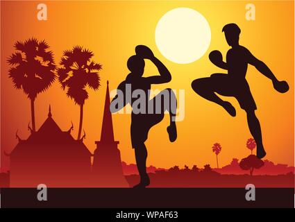 Thai Boxing Muay Thai martial art famous sport,two boxer fight together around with nature and temple,sunset silhouette design Stock Vector