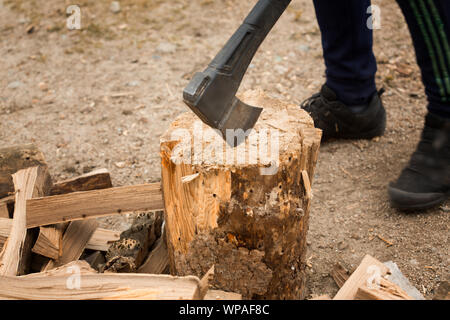 Man choping wood in the forest Stock Photo