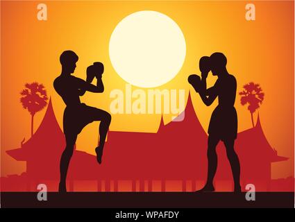 Thai Boxing Muay Thai martial art famous sport,two boxer fight together around with nature and temple,sunset silhouette design Stock Vector