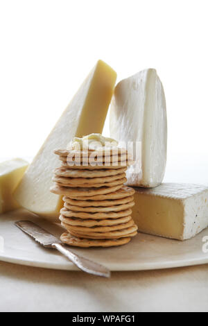 Cheese crackers and spread appetizers on marble plate Stock Photo