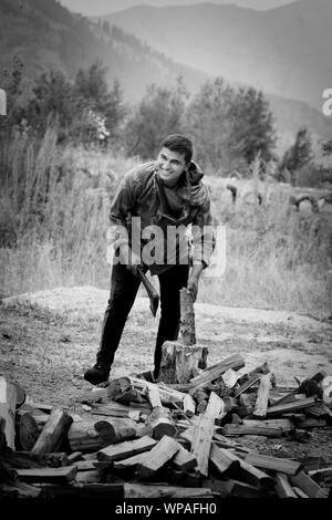 Man choping wood in the forest Stock Photo