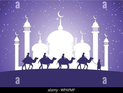 caravan Muslim ride camel to mosque Stock Vector