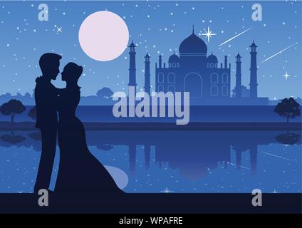 couple stand near river at Taj Mahal landmark of India,silhouette style Stock Vector