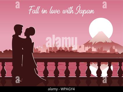 couple in traditional dress stand near river and fuji mount behind,silhouette style,red tone color Stock Vector