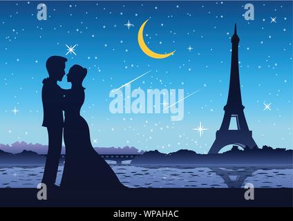 couple stand near river at Eifel tower France,silhouette style Stock Vector