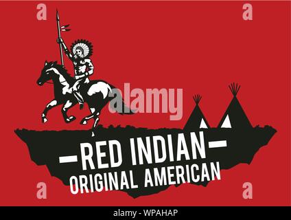 Red Indian native american raise hand meant victory,red background,for shirt  and print design,monochrome style,vector illustration Stock Vector