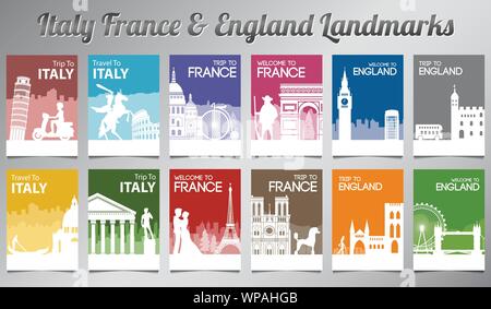 Italy France and England famous landmark and symbol in silhouette style with multi color brochure set,vector illustration Stock Vector
