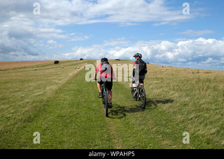 Two cyclists riding bikes on a trail up a hill on the South Downs Way in East Sussex, England UK  KATHY DEWITT Stock Photo