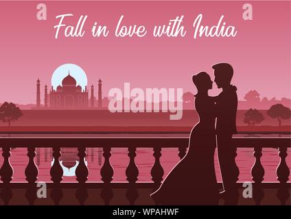 couple stand near river at Taj Mahal landmark of India,silhouette style Stock Vector