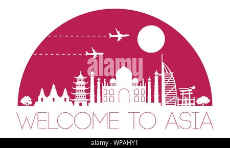 Asia top famous landmark silhouette and dome with pink color style,travel and tourism,vector illustration Stock Vector