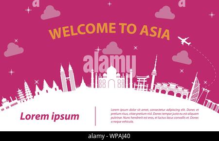 Asia  top famous landmark silhouette style on white curve,trip and tourism,vector illustration Stock Vector