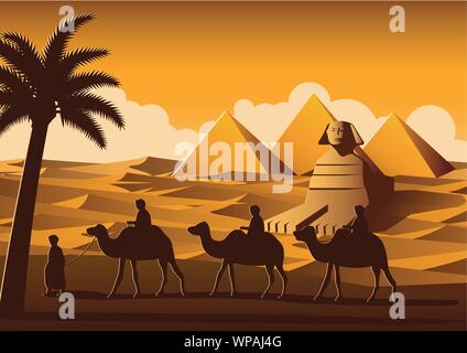 caravan of camel pass Pyramid,landmark of Egypt on sunset time,yellow color style,vector illustration Stock Vector