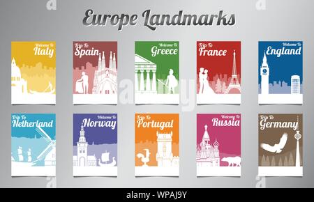 Europe famous landmark and symbol in silhouette style with multi color brochure set,vector illustration Stock Vector