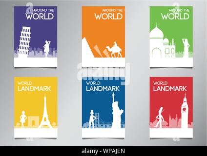 world famous landmark and symbol in silhouette style with multi color theme brochure set,vector illustration Stock Vector