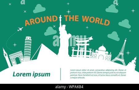 world  top famous landmark silhouette style on white curve,trip and tourism,vector illustration Stock Vector