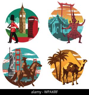 Set of famous landmark and symbol of England,Thailand,USA and Egypt ,for cloth and web design,national flag color Stock Vector