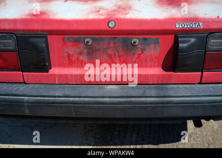 Old Toyota Corolla vintage car. View of the trunk. Stock Photo