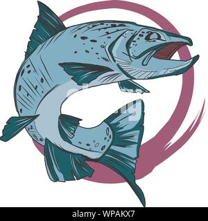 colored trout fish leaping from water circle Stock Vector