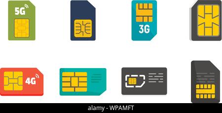 Sim phone card icons set. Flat set of sim phone card vector icons for web design Stock Vector