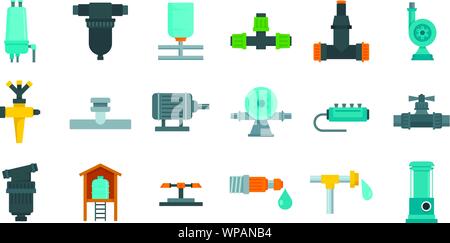 Irrigation system icon set. Flat set of irrigation system vector icons for web design Stock Vector